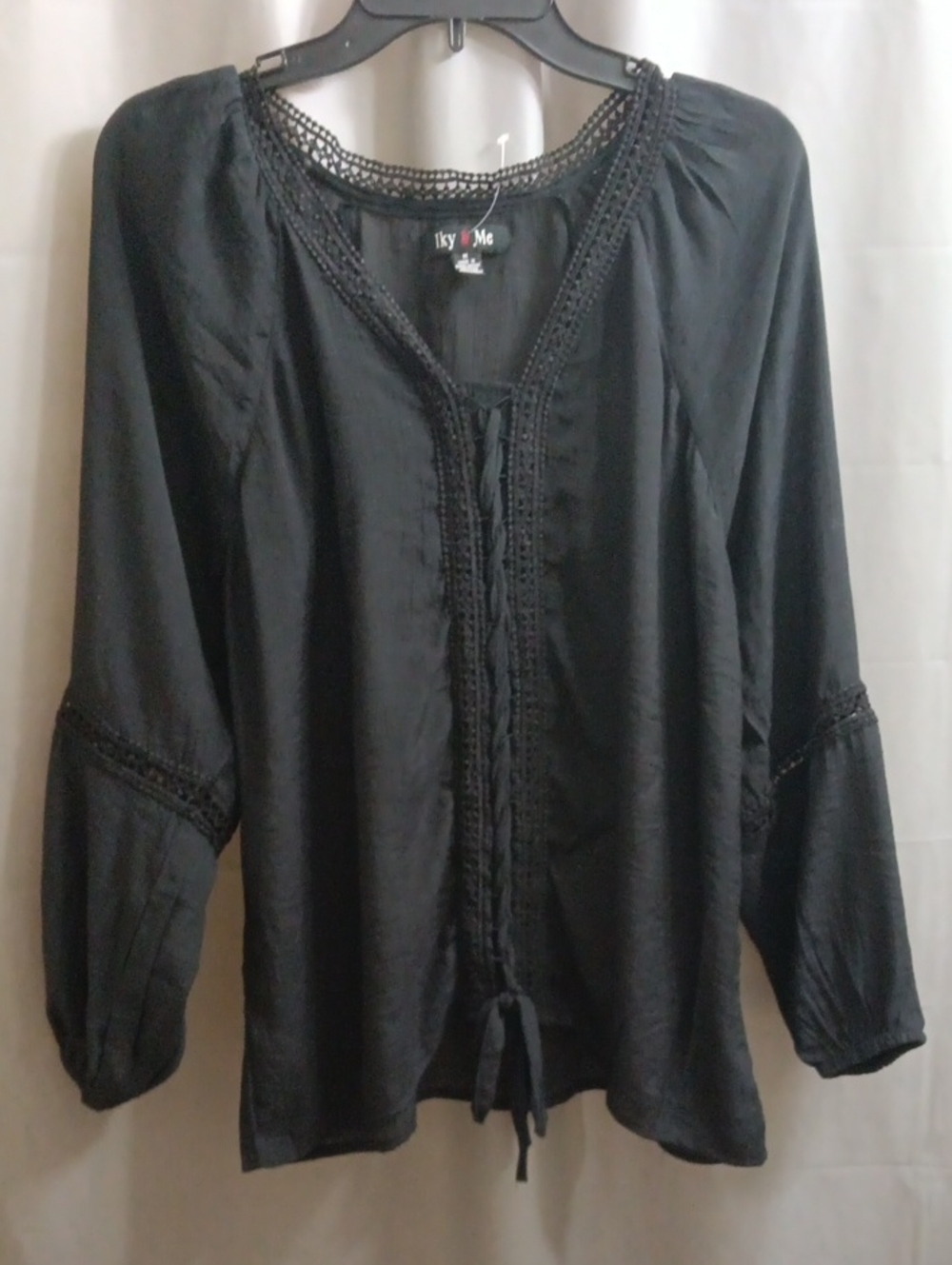 Iky & Me Black Boho Tie-Front Peasant Top